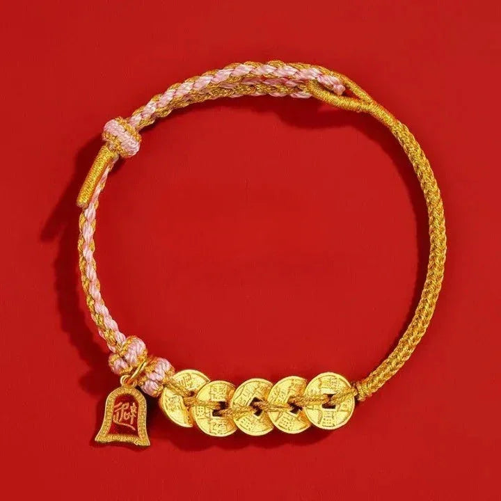 Five Emperor Coins Red String Bracelet - Traditional Cultural Jewelry - Red Leaf Forest