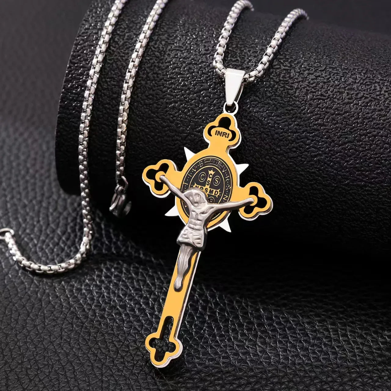 Gold Silver Two-Tone Cross Pendant Necklace - Red Leaf Forest