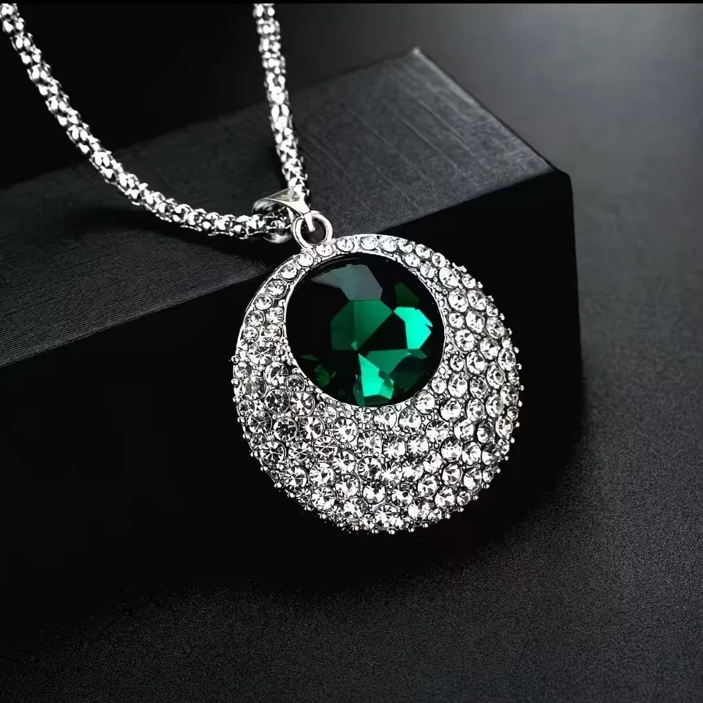 Blue Crystal Round Pendant Necklace - Luxury Statement Jewelry for Women - Red Leaf Forest