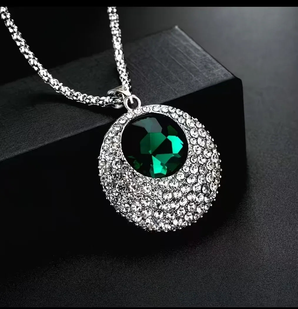 Blue Crystal Round Pendant Necklace - Luxury Statement Jewelry for Women - Red Leaf Forest