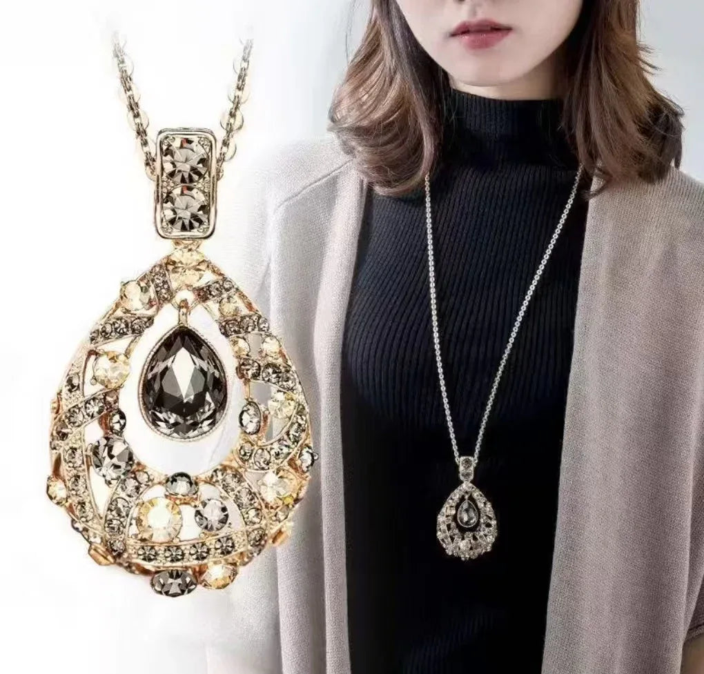 Teardrop Crystal Pendant Necklace - Long Chain Rhinestone Jewelry for Women - Red Leaf Forest