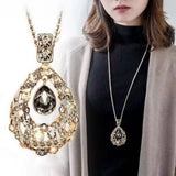Teardrop Crystal Pendant Necklace - Long Chain Rhinestone Jewelry for Women - Red Leaf Forest
