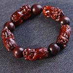 Five Pixiu Sandalwood Bead Bracelet - Traditional Cultural Jewelry - Red Leaf Forest