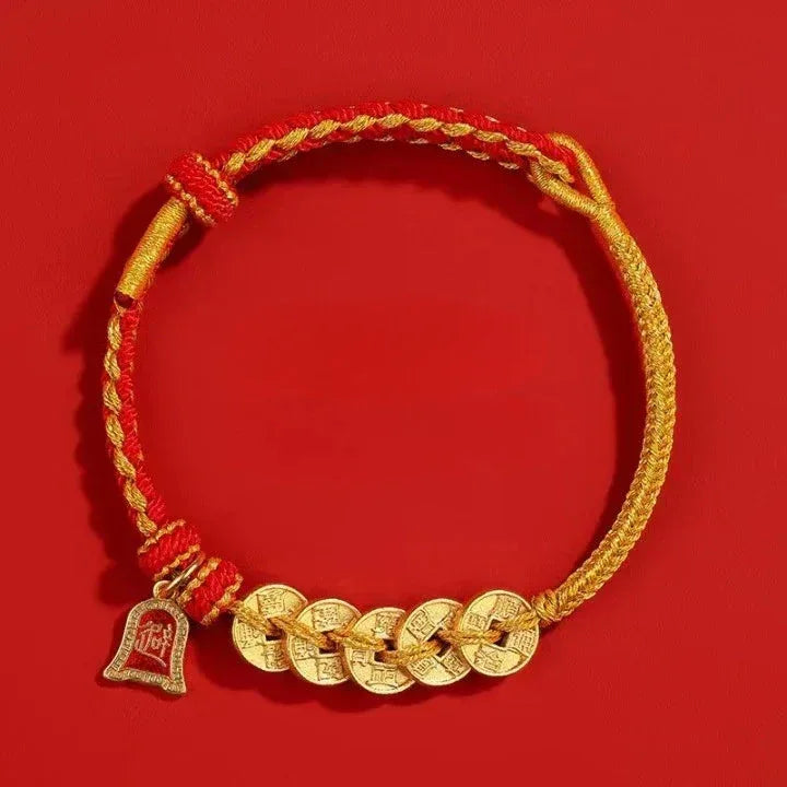 Five Emperor Coins Red String Bracelet - Traditional Cultural Jewelry - Red Leaf Forest
