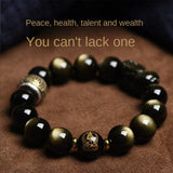 Pixiu Wealth Bracelet - Gold Obsidian Three Blessings