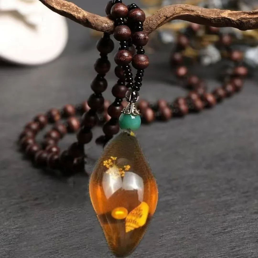 Resin Teardrop Pendant with Natural Inclusions - Red Leaf Forest