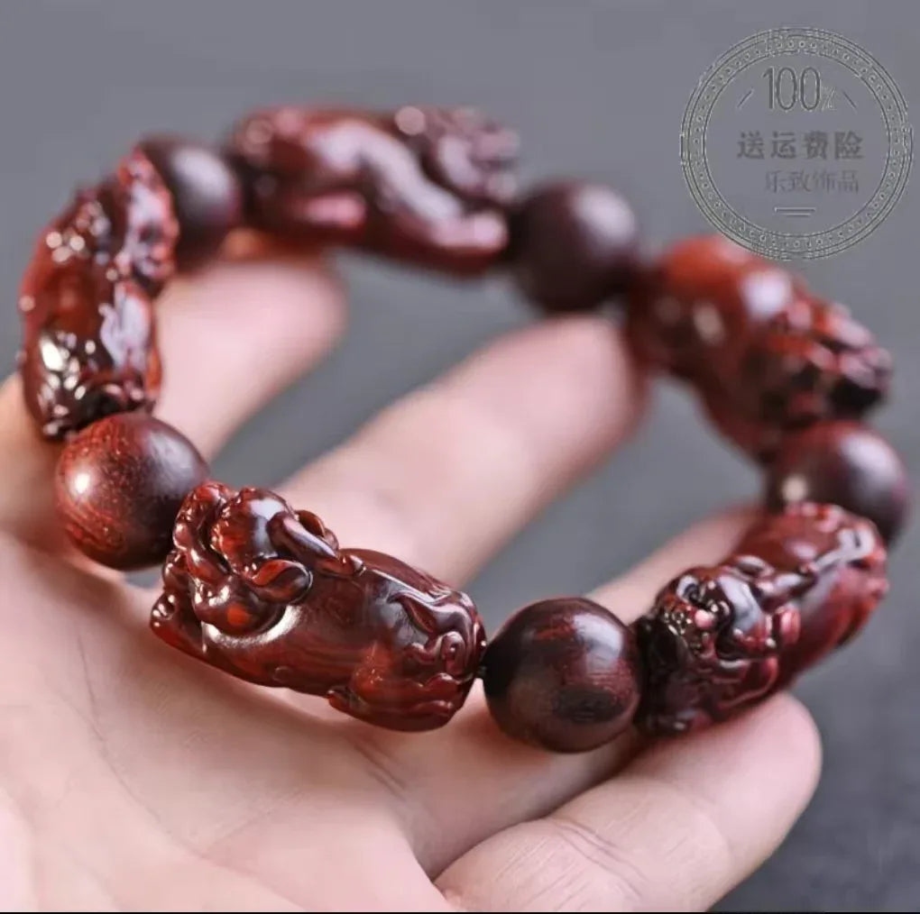 Five Pixiu Sandalwood Bead Bracelet - Traditional Chinese Cultural Jewelry - Red Leaf Forest