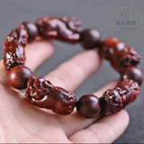 Five Pixiu Sandalwood Bead Bracelet - Traditional Chinese Cultural Jewelry - Red Leaf Forest