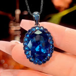 Blue Spinel Oval Pendant Necklace -Rhinestone Halo Jewelry - Red Leaf Forest