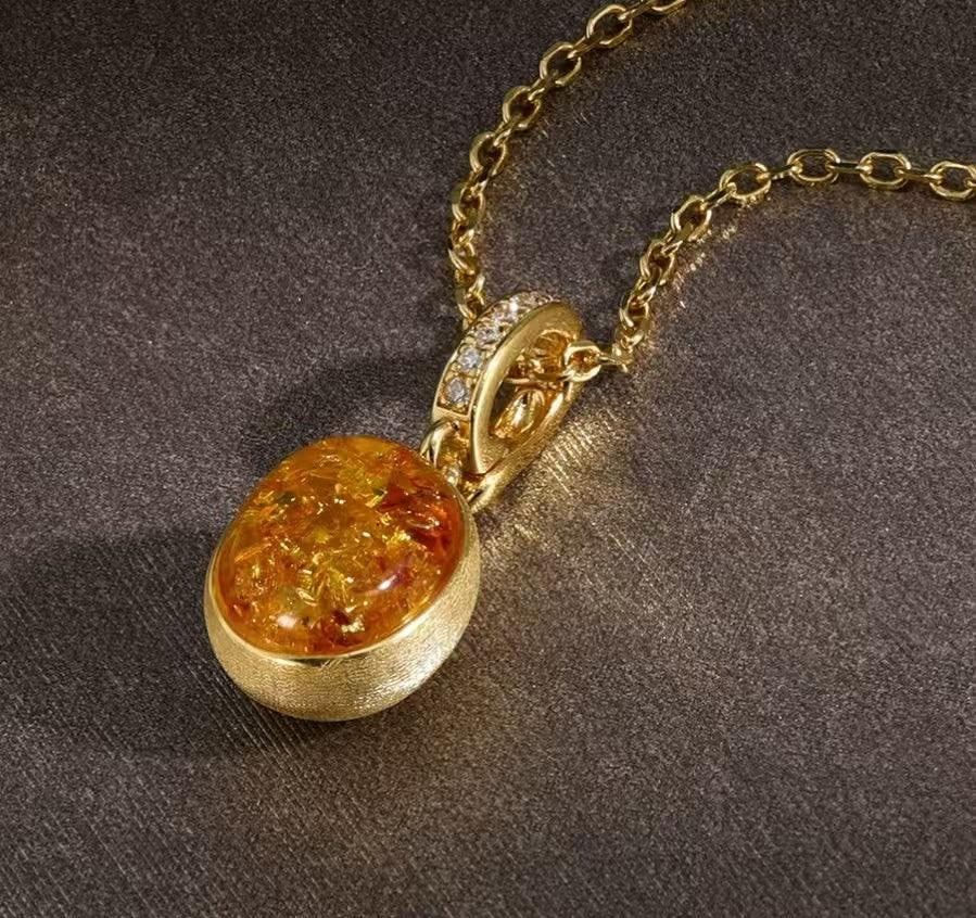 S925 sterling silver gold-plated amber pendant necklace - Red Leaf Forest