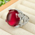 Elegant Egg-Shaped Gemstone Ring for Women – Crystal Cabochon with Diamond Halo Band - Red Leaf Forest