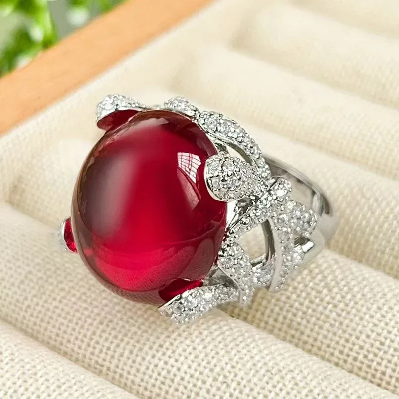 Elegant Egg-Shaped Gemstone Ring for Women – Crystal Cabochon with Diamond Halo Band - Red Leaf Forest
