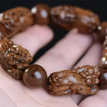 Five Pixiu Sandalwood Bead Bracelet - Traditional Chinese Cultural Jewelry - Red Leaf Forest