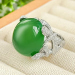 Elegant Egg-Shaped Gemstone Ring for Women – Crystal Cabochon with Diamond Halo Band - Red Leaf Forest