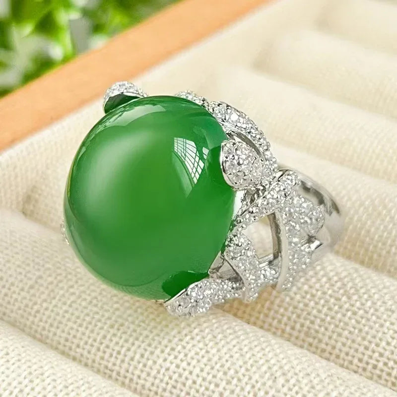 Elegant Egg-Shaped Gemstone Ring for Women – Crystal Cabochon with Diamond Halo Band - Red Leaf Forest