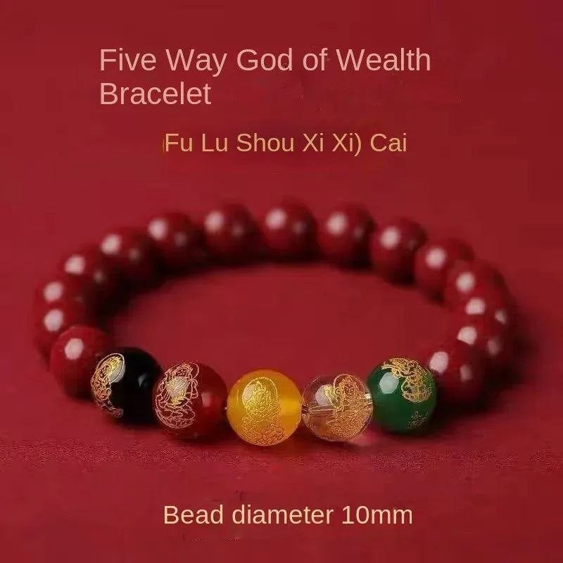 Five Gods of Wealth Cinnabar Bracelet - Buddhist Blessed - Traditional Chinese Fortune Symbol - Red Leaf Forest