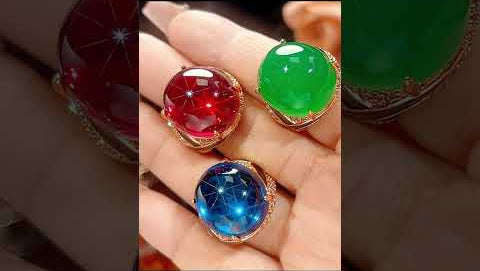 Elegant Egg-Shaped Gemstone Ring – Crystal Cabochon with Diamond Halo Band in Red, Blue and Green | Red Leaf Forest