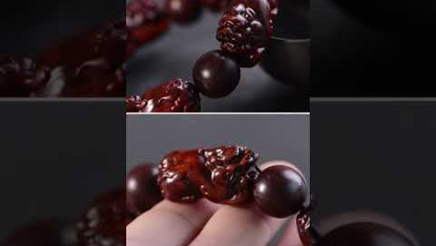 Five Pixiu sandalwood bead bracelet with traditional symbols, natural wooden beads, and adjustable design. Handcrafted cultural jewelry.